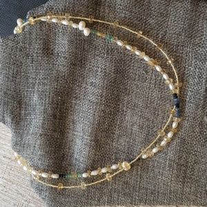 Natural sapphire,cultured freshwater pearls and natural citrine crystal necklace